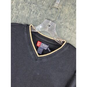 Chaps Ralph Lauren Mens XL Navy Blue V-Neck Ribbed Cotton Striped Sleeve Sweater